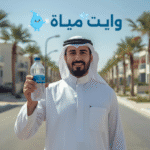 شاحنة توصيل مياه بيضاء واقفة في حي حديث بالرياض، مع خلفية بيوت حديثة وأشجار نخيل، تصوير واقعي ومشمس، يوضح خدمات توصيل المياه والفلاتر.