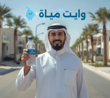 شاحنة توصيل مياه بيضاء واقفة في حي حديث بالرياض، مع خلفية بيوت حديثة وأشجار نخيل، تصوير واقعي ومشمس، يوضح خدمات توصيل المياه والفلاتر.